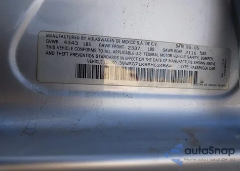 2005 Volkswagen Jetta 2.5 from USA, damaged, VIN 3VWSG71K55M634564